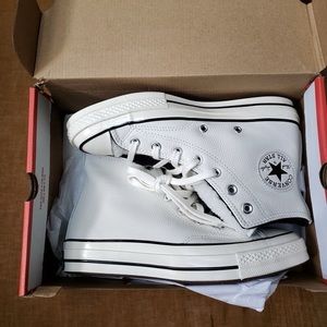 White leather high top platform converse